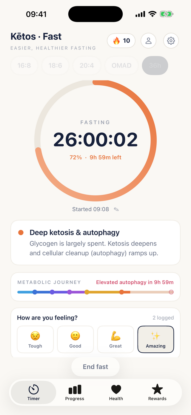 Meridian by Kētos timer in deep ketosis: a pomegranate ring and the plain-English stage card.