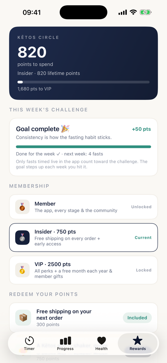 Meridian by Kētos Progress tab with a streak, weekly chart and goals.