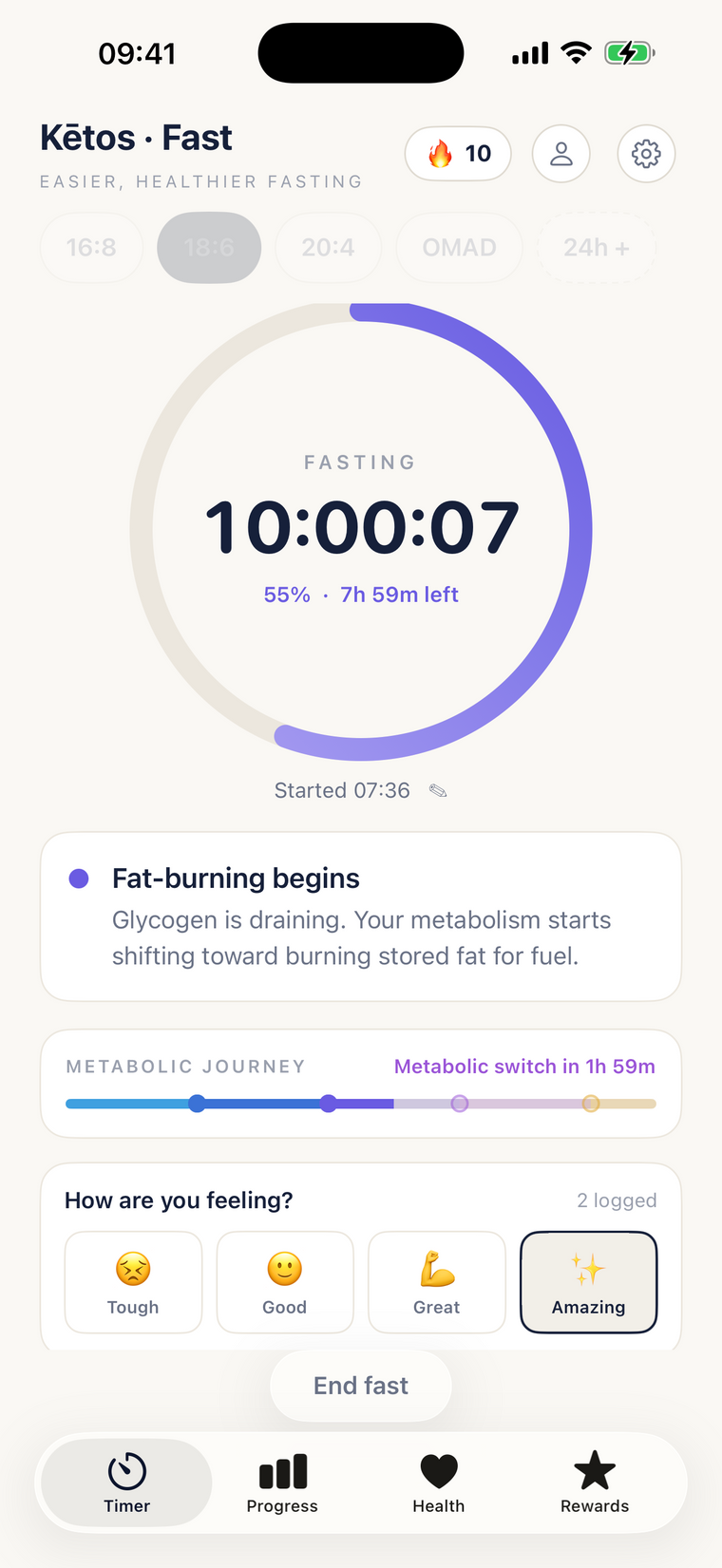 Meridian by Kētos timer in the fat-burning stage: an indigo ring and the plain-English stage card.
